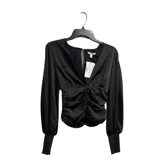 BAR III V-Neck Ruched Blouse size 0 Cupid Button Closure Long Sleeve black - Picture 15 of 15